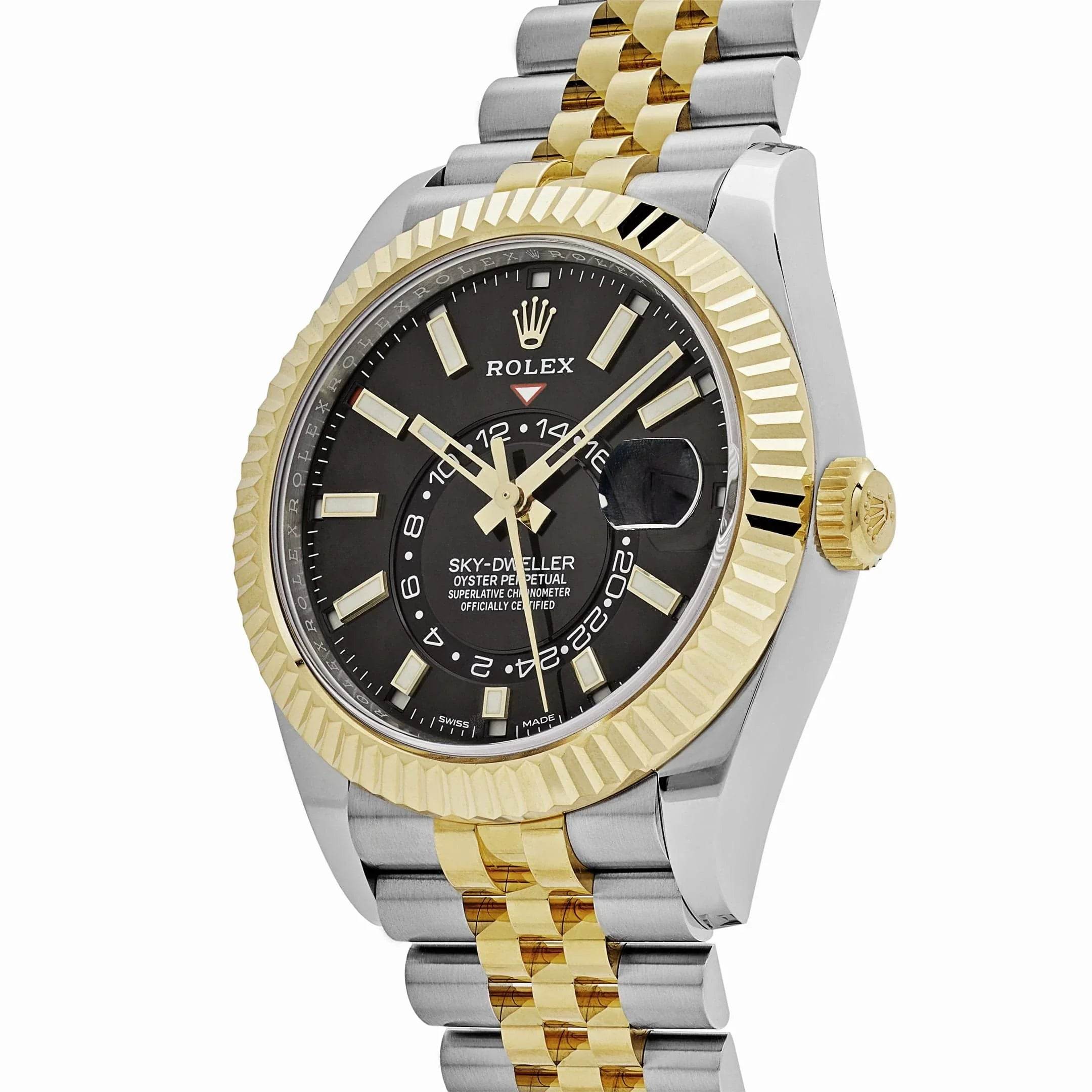 Rolex Sky-Dweller, Yellow Gold Black Dial. Dual time Oyster Steel Bracelet - Amoda