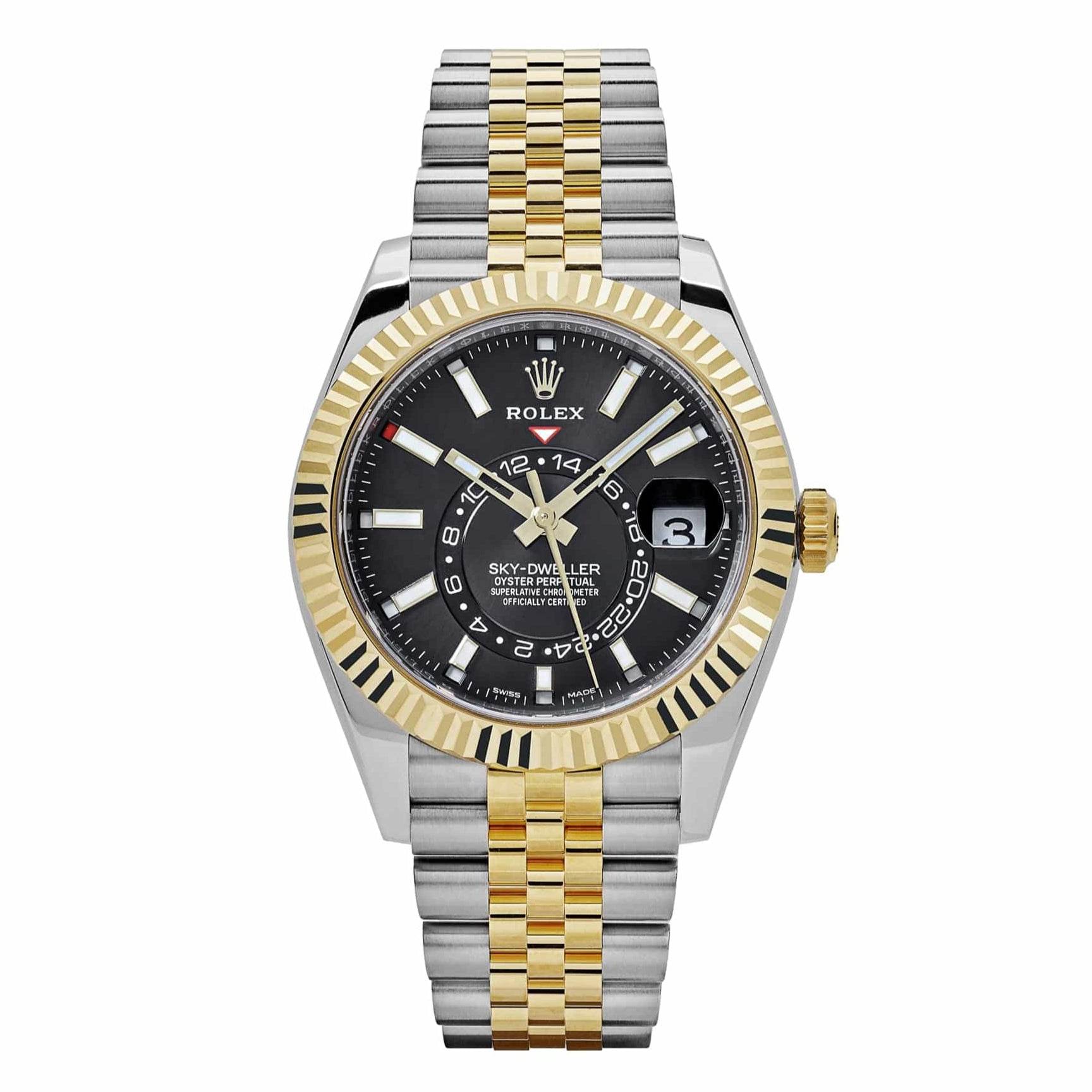 Rolex Sky-Dweller, Yellow Gold Black Dial. Dual time Oyster Steel Bracelet - Amoda