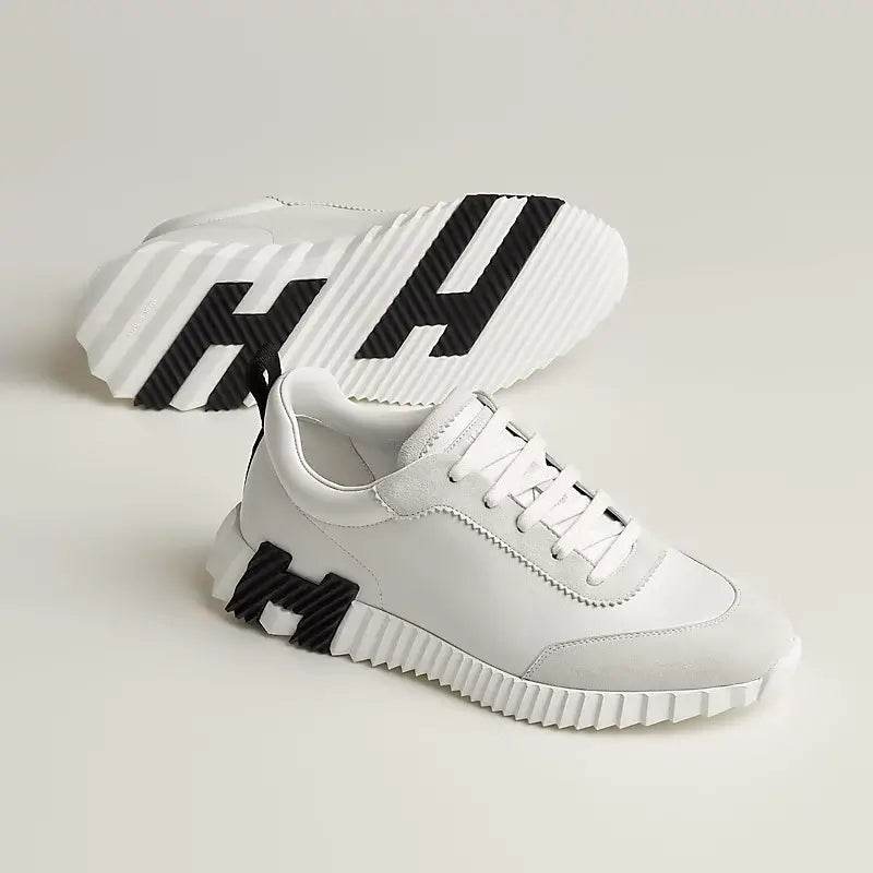Hermes Cream & White Bouncing Sneakers with Black H on sole - Amoda