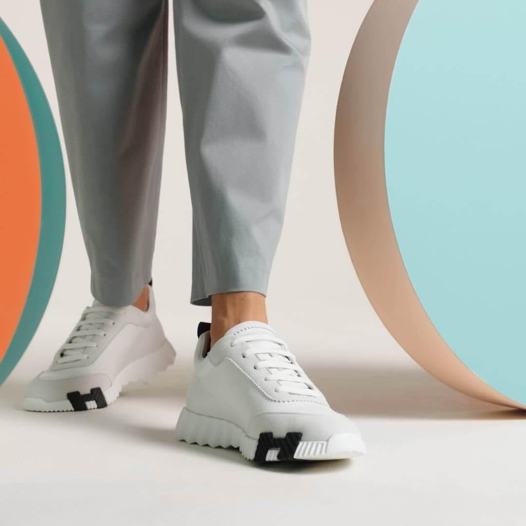 Hermes Cream & White Bouncing Sneakers with Black H on sole - Amoda