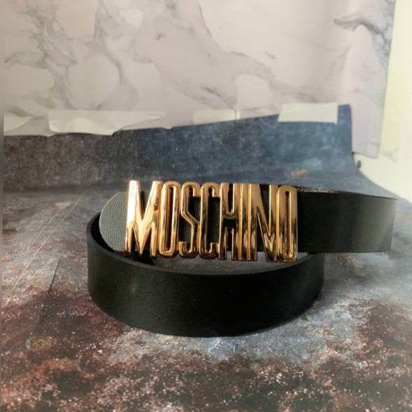 Gold/Chrome & Matt Black Moschino Black Leather Belt - Amoda