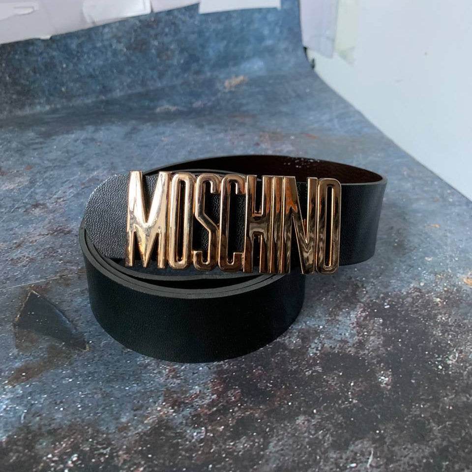 Gold/Chrome & Matt Black Moschino Black Leather Belt - Amoda
