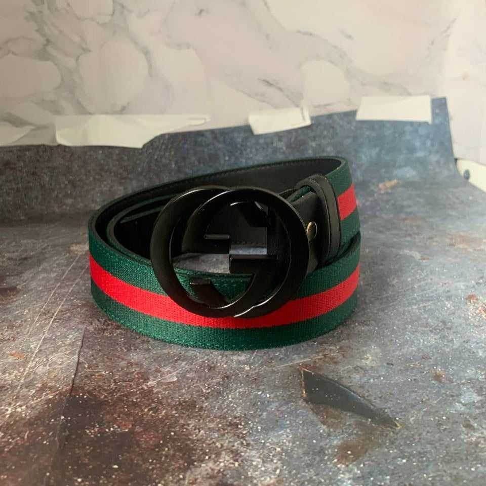 Gucci Interlocking G Belt in Black featuring the Red & Green web stripe - Amoda