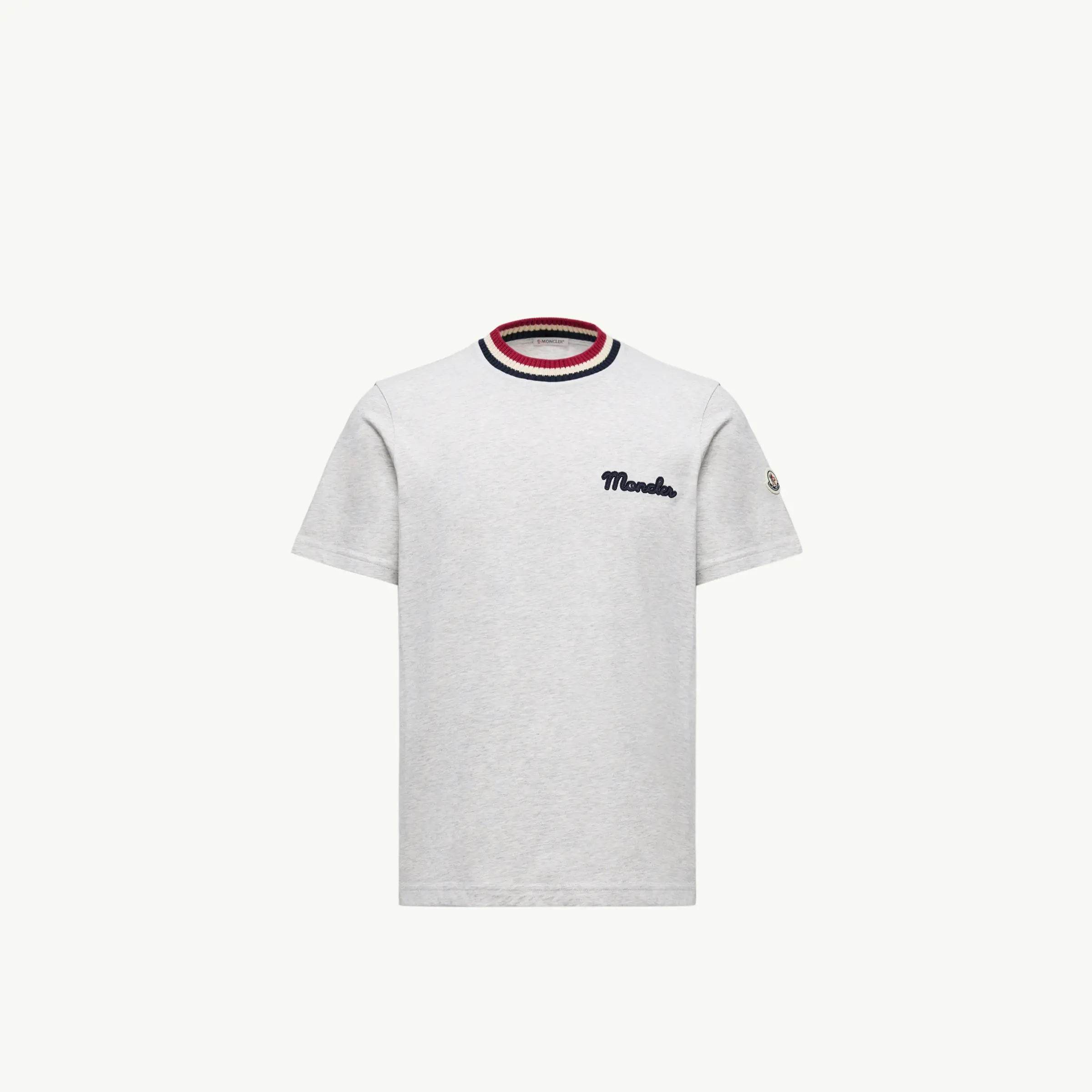 Moncler Tri Colour Embroidered T shirt in Black, White Navy & Grey - Amoda