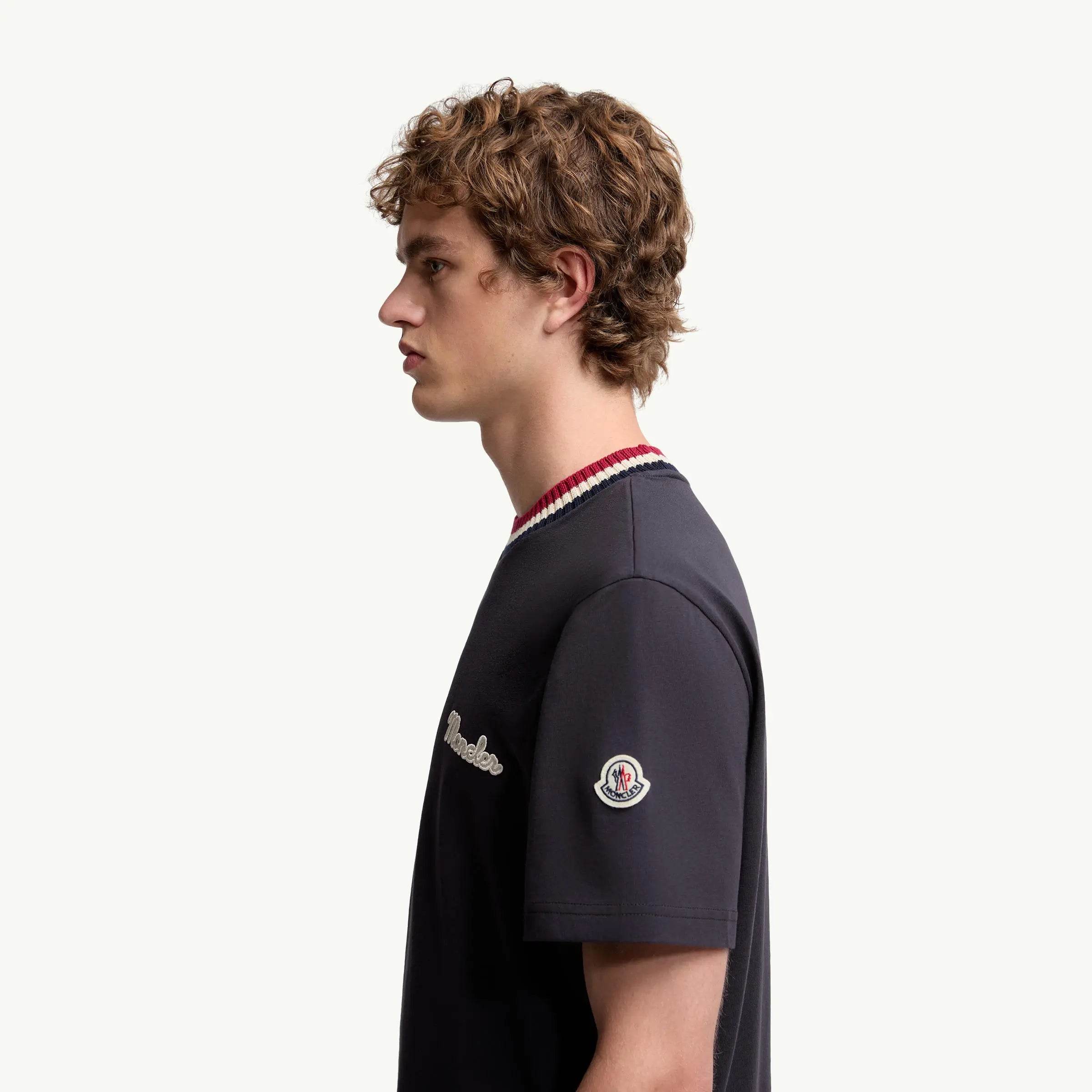 Moncler Tri Colour Embroidered T shirt in Black, White Navy & Grey - Amoda