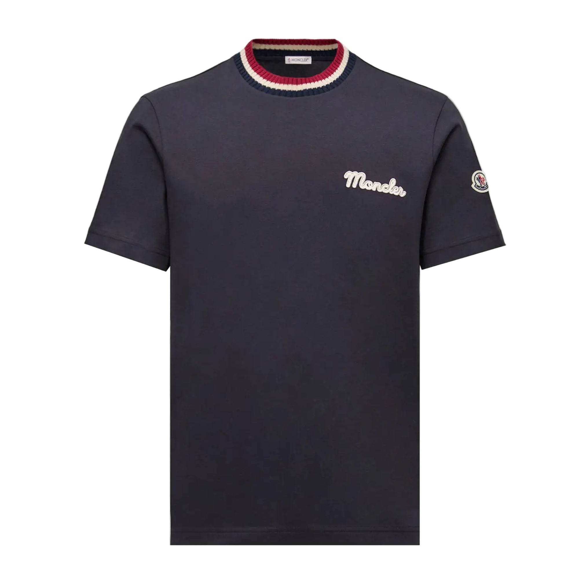 Moncler Tri Colour Embroidered T shirt in Black, White Navy & Grey - Amoda