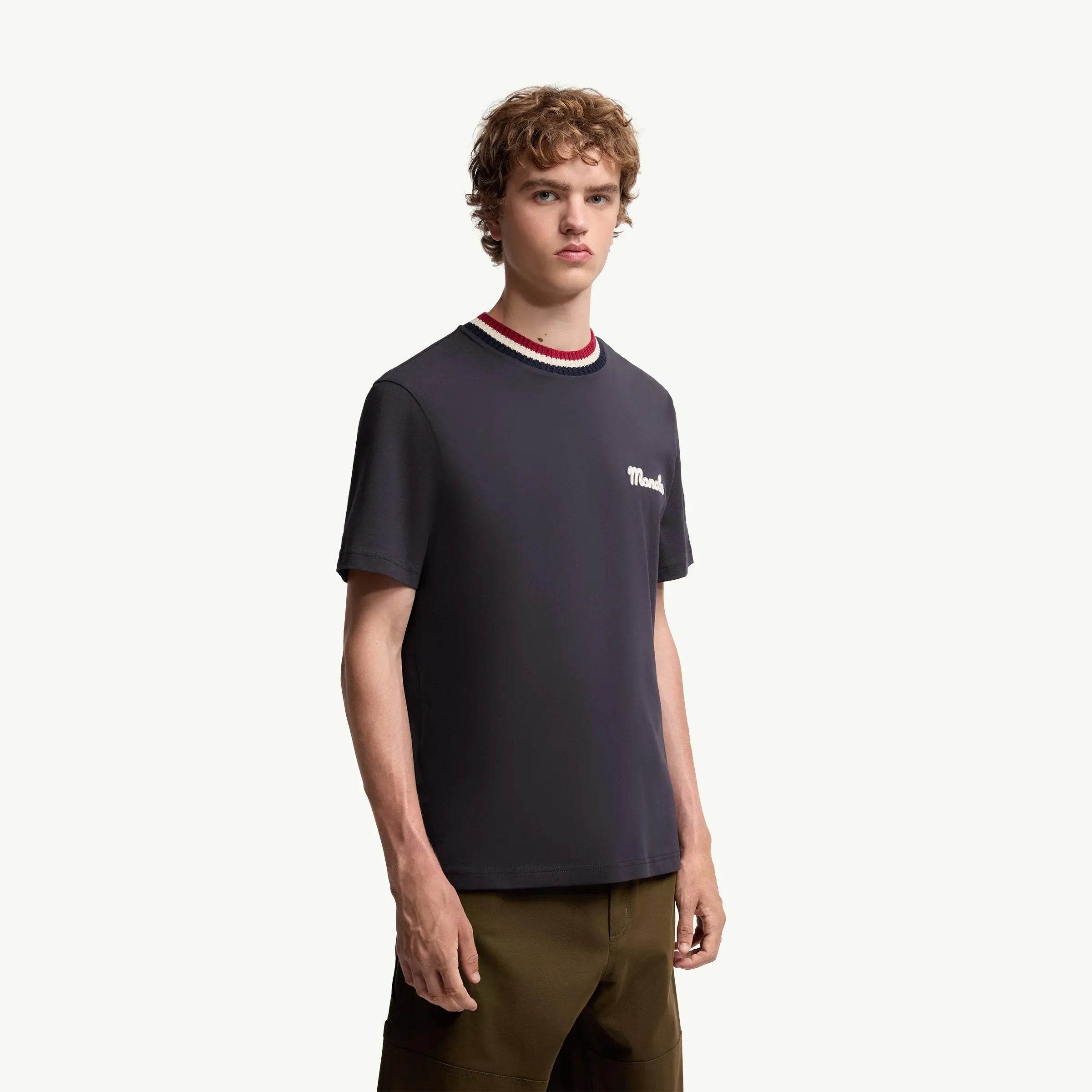 Moncler Tri Colour Embroidered T shirt in Black, White Navy & Grey - Amoda
