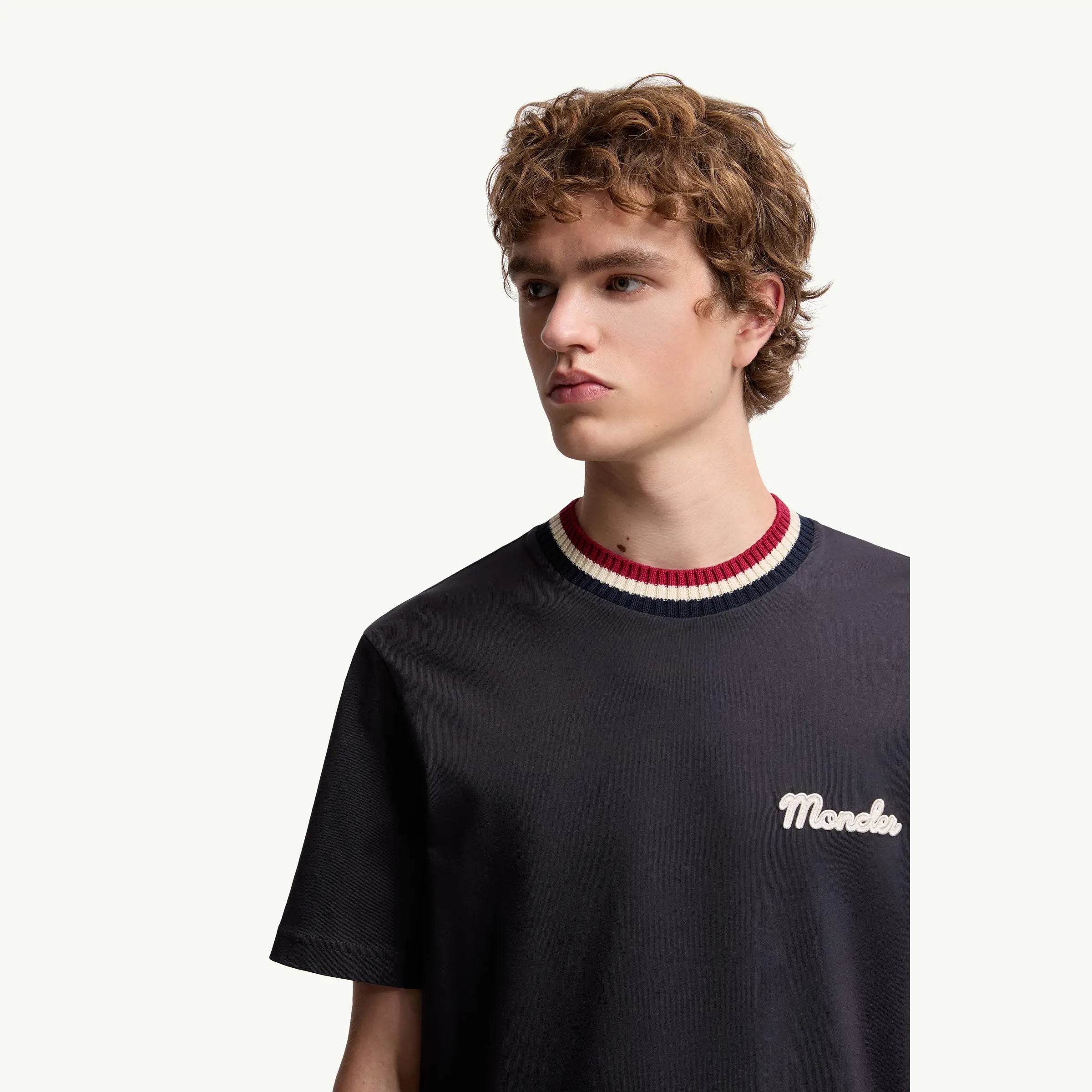 Moncler Tri Colour Embroidered T shirt in Black, White Navy & Grey - Amoda