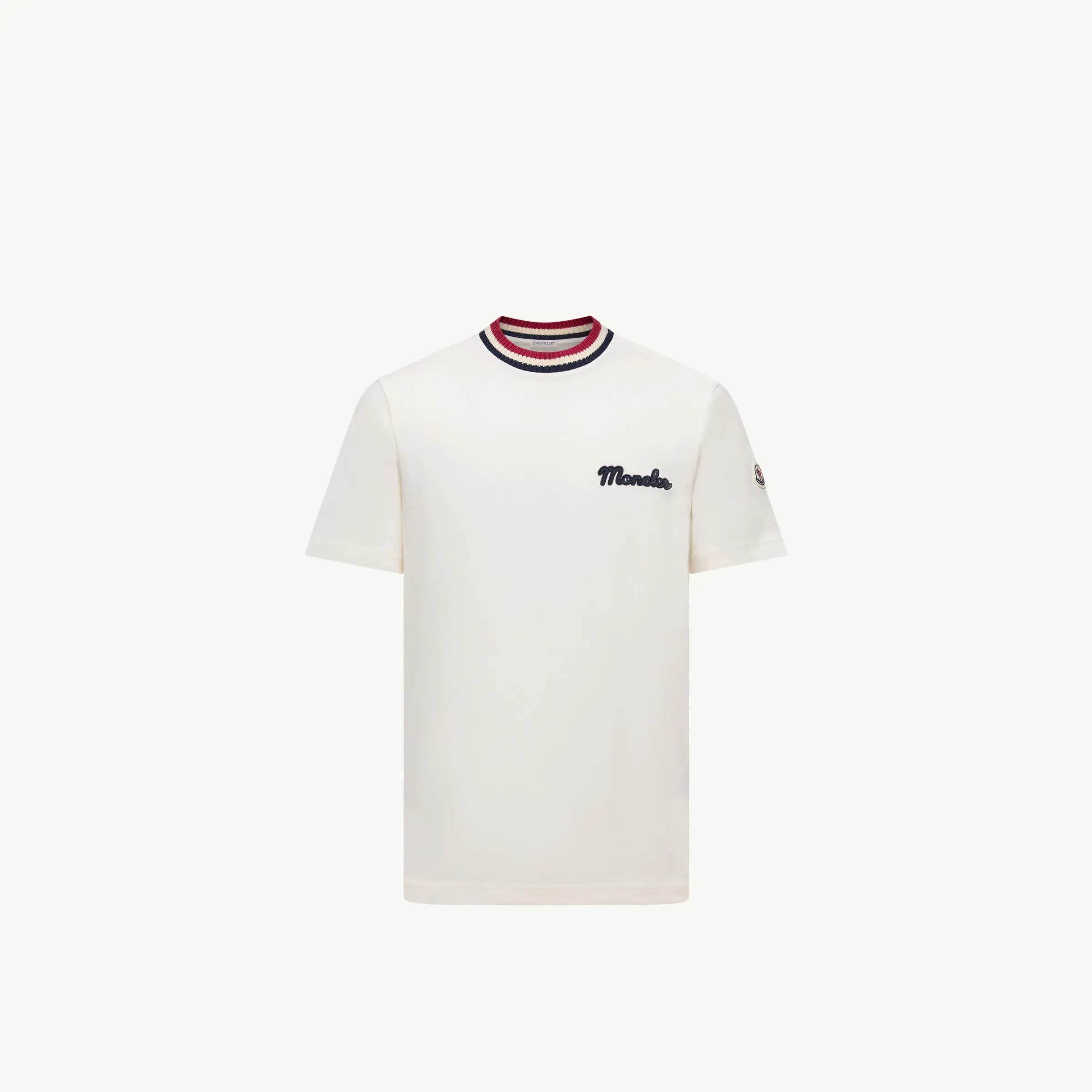Moncler Tri Colour Embroidered T shirt in Black, White Navy & Grey - Amoda